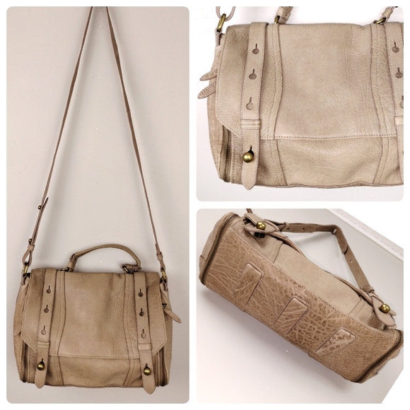 🎉HP🎉 Olivia Harris by Joy Gryson Taupe/Grey Leather Messenger Aged w/ Brass HW - Picture 2 of 16
